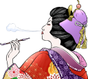 機嫌が悪い感じでタバコを吸っている浮世絵女性のイラストです。