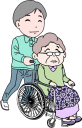 車椅子に乗った老人を介護士が押しているイラストです。