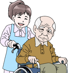 車椅子に乗った老人を介護士が押しているイラストです。
