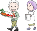 収穫野菜と料理を持つ老夫婦（詰合せ）
