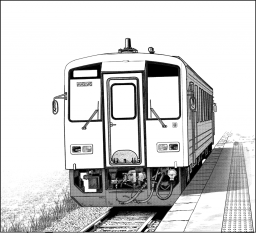 駅に停車しようとしているディーゼル機関車のイラストです。