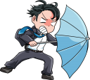 暴風の中傘を差している男性