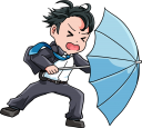 暴風の中傘を差している男性
