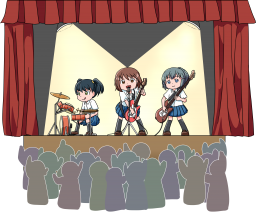 ステージで演奏している軽音楽部の女子高生たち