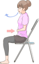 椅子に座って腹式呼吸で息を吐くストレッチをする女性のイラストです。
