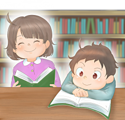 図書室で読書をする男の子と女の子のイラストです。