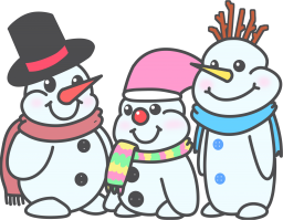 おしゃれをした雪だるま三兄弟のイラストです。(一人ずつのはヴァリアントをご覧ください)