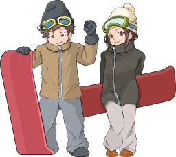 スノーボードにいくウェアを着た男の子と女の子イラストです。