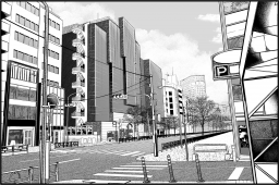 東京の街並の背景画です。車道や歩道に車両や人物を挿入しやすいように前景を別レイヤーにしています。