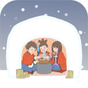 冬に家族でかまくらの中で鍋を囲んで団らんしているイラストです。
