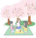桜の木の下で女子会をしているイラストです。