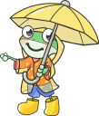 雨具を身に着けて、傘をさすカエルのキャラクターのイラストです。