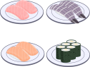 お皿に色々なお寿司のイラスト詰め合わせです。