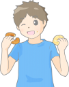 甘いものを思いっきり食べる男性のイラストです。