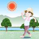 元気にウオーキングする年配の女性
