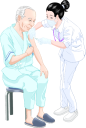 患者に注射をする看護師と、それぞれバラの3点セット