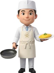 フライパンとオムレツを持ったコック