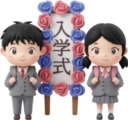 入学式のパネル前の小学一年生