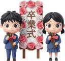 卒業式のパネル前の小学一年生