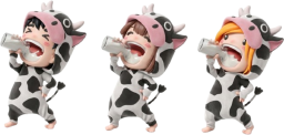 ウシの着ぐるみを着て元気に牛乳を飲む子供たち