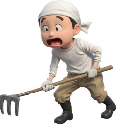 驚いた顔で鍬を下す農家の男性