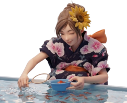 祭りで金魚すくいをする浴衣の女の子