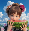スイカを食べる浴衣の女の子