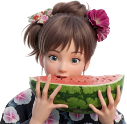 スイカを食べる浴衣の女の子