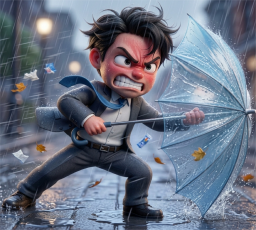 横殴りの雨の中傘をさす男性
