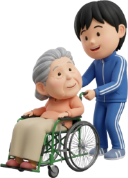 おばあちゃんの車椅子を押す孫