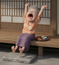 縁側で大あくびをするお婆ちゃん
